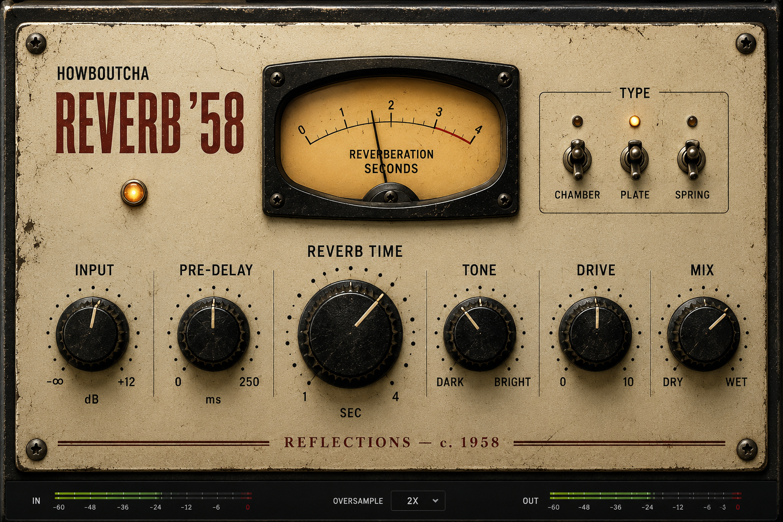 HOWBOUTCHA Reverb ’58 plugin interface